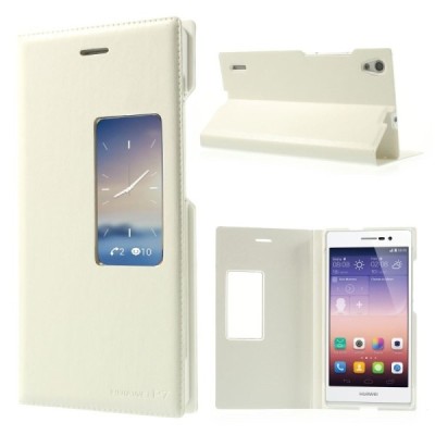 Huawei Ascend P7 balts atvēramais Smart Window ādas maciņš / Vacins.lv