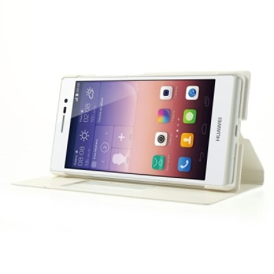 Huawei Ascend P7 balts atvēramais Smart Window ādas maciņš / Vacins.lv