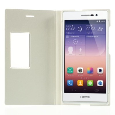Huawei Ascend P7 balts atvēramais Smart Window ādas maciņš / Vacins.lv