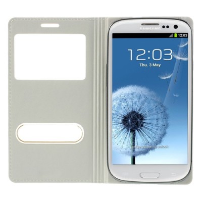Samsung Galaxy S3 baltas odinis atverčiamas „Smart Window“ dėklas su langeliu / Priedai.lt