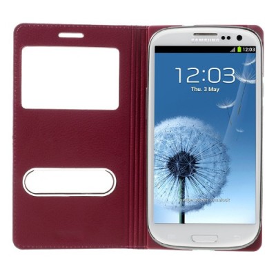 Samsung Galaxy S3 tamsiai rožinis odinis atverčiamas „Smart Window“ dėklas su langeliu / Priedai.lt