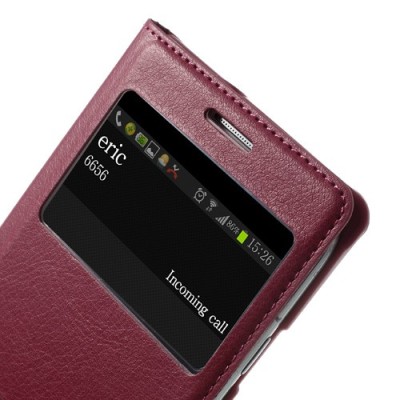 Samsung Galaxy S3 tamsiai rožinis odinis atverčiamas „Smart Window“ dėklas su langeliu / Priedai.lt