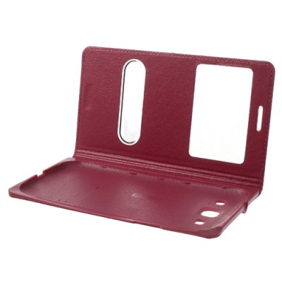 Samsung Galaxy S3 tamsiai rožinis odinis atverčiamas „Smart Window“ dėklas su langeliu / Priedai.lt