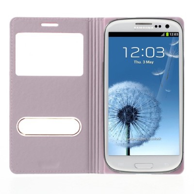 Samsung Galaxy S3 šviesiai rožinis odinis atverčiamas „Smart Window“ dėklas su langeliu / Priedai.lt