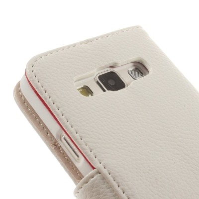 Samsung Galaxy A3 2015 (A300F) atverčiamas baltas odinis Litchi dėklas - piniginė / Priedai.lt