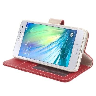 Samsung Galaxy A3 2015 (A300F) atverčiamas raudonas odinis Litchi dėklas - piniginė / Priedai.lt