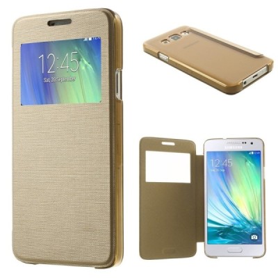 Samsung Galaxy A3 2015 (A300F) view window atvēramais zelta maciņš / Vacins.lv