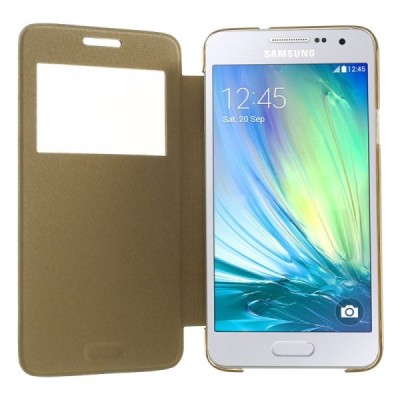 Samsung Galaxy A3 2015 (A300F) view window atvēramais zelta maciņš / Vacins.lv