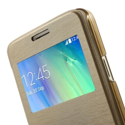 Samsung Galaxy A3 2015 (A300F) view window atvēramais zelta maciņš / Vacins.lv