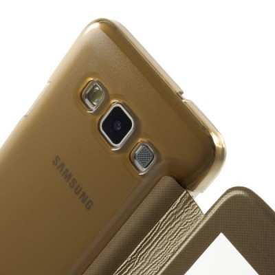 Samsung Galaxy A3 2015 (A300F) view window atvēramais zelta maciņš / Vacins.lv