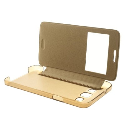 Samsung Galaxy A3 2015 (A300F) view window atvēramais zelta maciņš / Vacins.lv