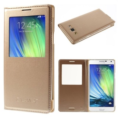Samsung Galaxy A7 auksinis odinis atverčiamas „View Window“ dėklas su langeliu / Priedai.lt