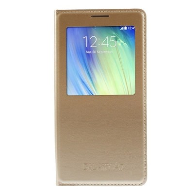 Samsung Galaxy A7 zelta atvēramais View Window ādas maciņš / Vacins.lv