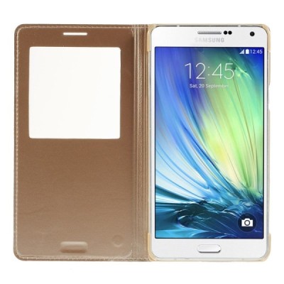 Samsung Galaxy A7 zelta atvēramais View Window ādas maciņš / Vacins.lv