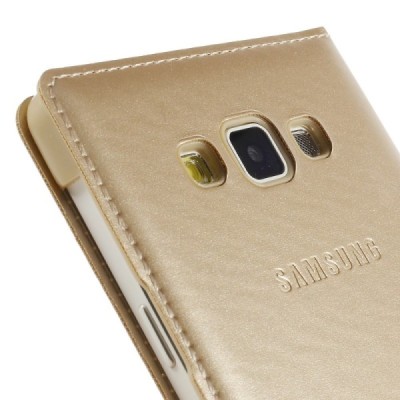 Samsung Galaxy A7 zelta atvēramais View Window ādas maciņš / Vacins.lv