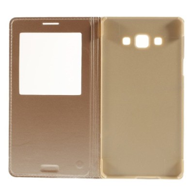 Samsung Galaxy A7 zelta atvēramais View Window ādas maciņš / Vacins.lv