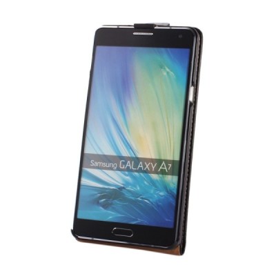 Samsung Galaxy A7 klasisks ādas vertikāli atvēramais melns maciņš / Vacins.lv
