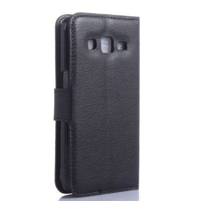 Samsung Galaxy Core Prime (G360) atvēramais melns ādas Litchi maciņš / Vacins.lv