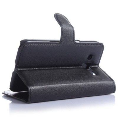 Samsung Galaxy Core Prime (G360) atvēramais melns ādas Litchi maciņš / Vacins.lv