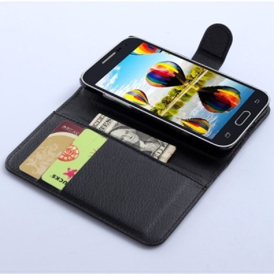 Samsung Galaxy Core Prime (G360) atvēramais melns ādas Litchi maciņš / Vacins.lv