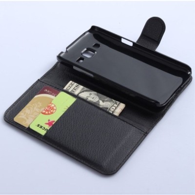 Samsung Galaxy Core Prime (G360) atvēramais melns ādas Litchi maciņš / Vacins.lv