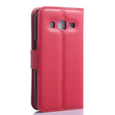 Samsung Galaxy Core Prime (G360) atverčiamas raudonas odinis Litchi dėklas - piniginė / Priedai.lt