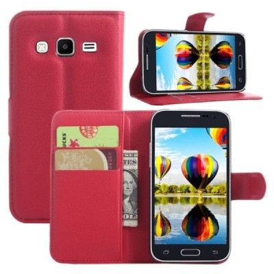 Samsung Galaxy Core Prime (G360) atverčiamas raudonas odinis Litchi dėklas - piniginė / Priedai.lt