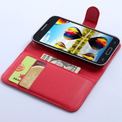 Samsung Galaxy Core Prime (G360) atverčiamas raudonas odinis Litchi dėklas - piniginė / Priedai.lt