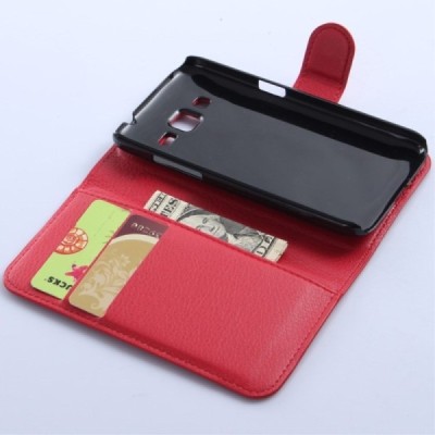 Samsung Galaxy Core Prime (G360) atverčiamas raudonas odinis Litchi dėklas - piniginė / Priedai.lt