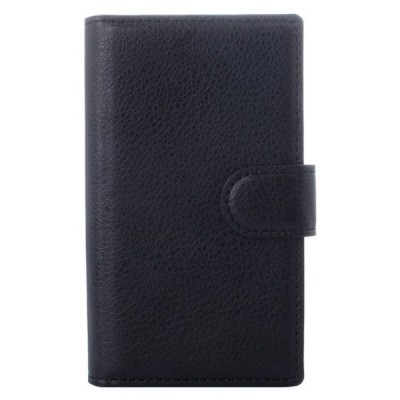 Microsoft Lumia 435 atvēramais melns ādas Litchi maciņš / Vacins.lv