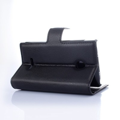 Microsoft Lumia 435 atvēramais melns ādas Litchi maciņš / Vacins.lv