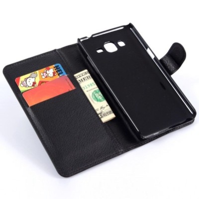 Samsung Galaxy Grand Prime (G530) atvēramais melns ādas Litchi maciņš (maks) / Vacins.lv