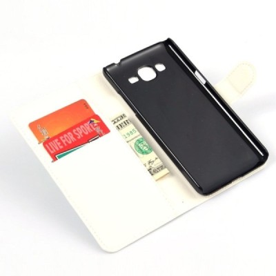 Samsung Galaxy Grand Prime (G530) atverčiamas baltas odinis Litchi dėklas - piniginė / Priedai.lt