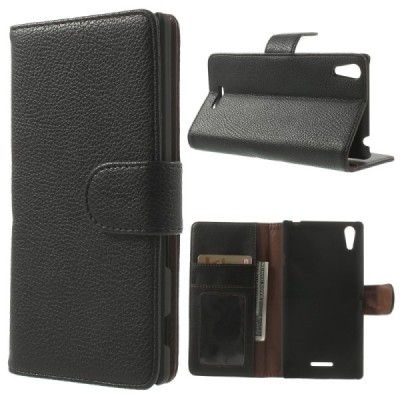 Sony Xperia T3 atvēramais melns ādas Litchi maciņš (maks) / Vacins.lv