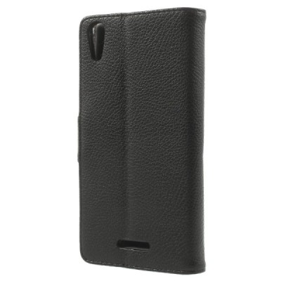 Sony Xperia T3 atvēramais melns ādas Litchi maciņš (maks) / Vacins.lv