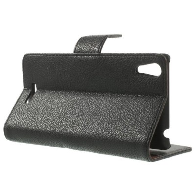 Sony Xperia T3 atvēramais melns ādas Litchi maciņš (maks) / Vacins.lv