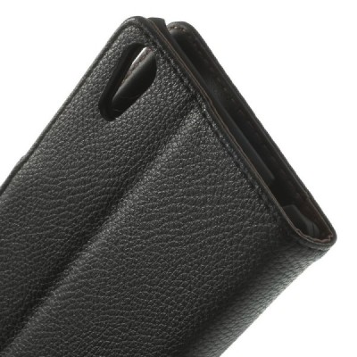 Sony Xperia T3 atvēramais melns ādas Litchi maciņš (maks) / Vacins.lv