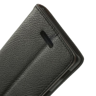 Sony Xperia T3 atvēramais melns ādas Litchi maciņš (maks) / Vacins.lv