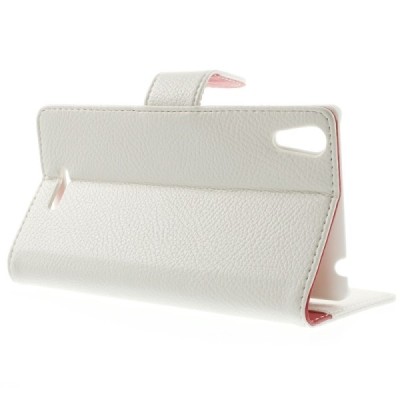 Sony Xperia T3 atvēramais balts ādas Litchi maciņš (maks) / Vacins.lv