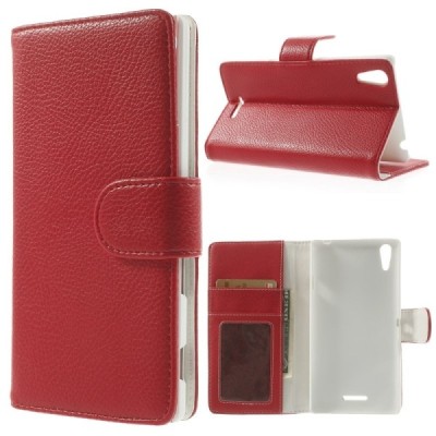Sony Xperia T3 atvēramais sarkans ādas Litchi maciņš (maks) / Vacins.lv