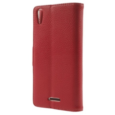 Sony Xperia T3 atvēramais sarkans ādas Litchi maciņš (maks) / Vacins.lv