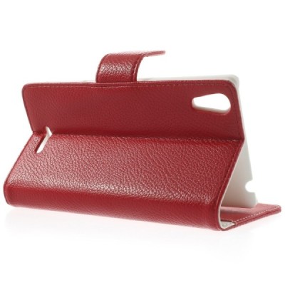 Sony Xperia T3 atvēramais sarkans ādas Litchi maciņš (maks) / Vacins.lv