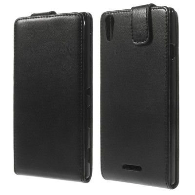 Sony Xperia T3 klasisks ādas vertikāli atvēramais melns maciņš / Vacins.lv