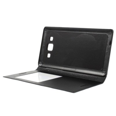 Samsung Galaxy A5 juodas odinis atverčiamas „Smart Window“ dėklas su langeliu / Priedai.lt