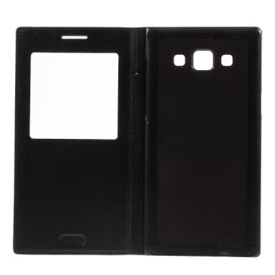 Samsung Galaxy A5 juodas odinis atverčiamas „Smart Window“ dėklas su langeliu / Priedai.lt