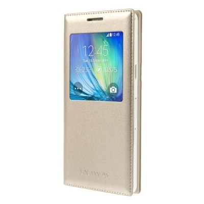 Samsung Galaxy A5 zelta atvēramais Smart Window ādas maciņš / Vacins.lv