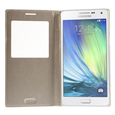 Samsung Galaxy A5 zelta atvēramais Smart Window ādas maciņš / Vacins.lv