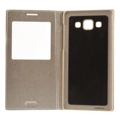 Samsung Galaxy A5 zelta atvēramais Smart Window ādas maciņš / Vacins.lv
