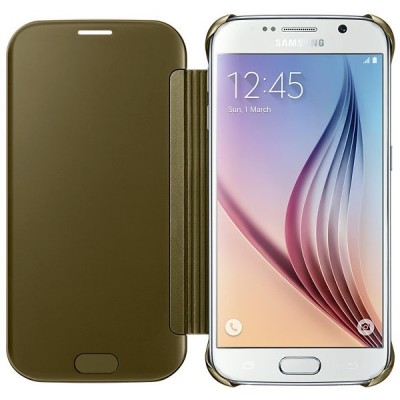 Samsung Galaxy S6 (G920) oficiāls Clear View Cover atvērams zelta ādas maciņš / Vacins.lv