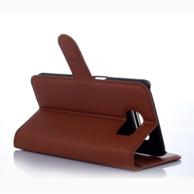 Samsung Galaxy S6 Edge (G925) atvēramais brūns ādas Litchi maciņš (maks) / Vacins.lv